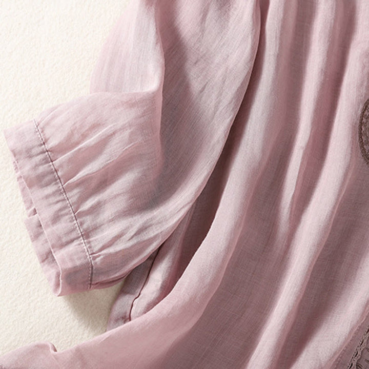 T-shirt décontracté à manches courtes et col en V pour femme, motif brodé Buddha Stones , en coton et lin - image 1