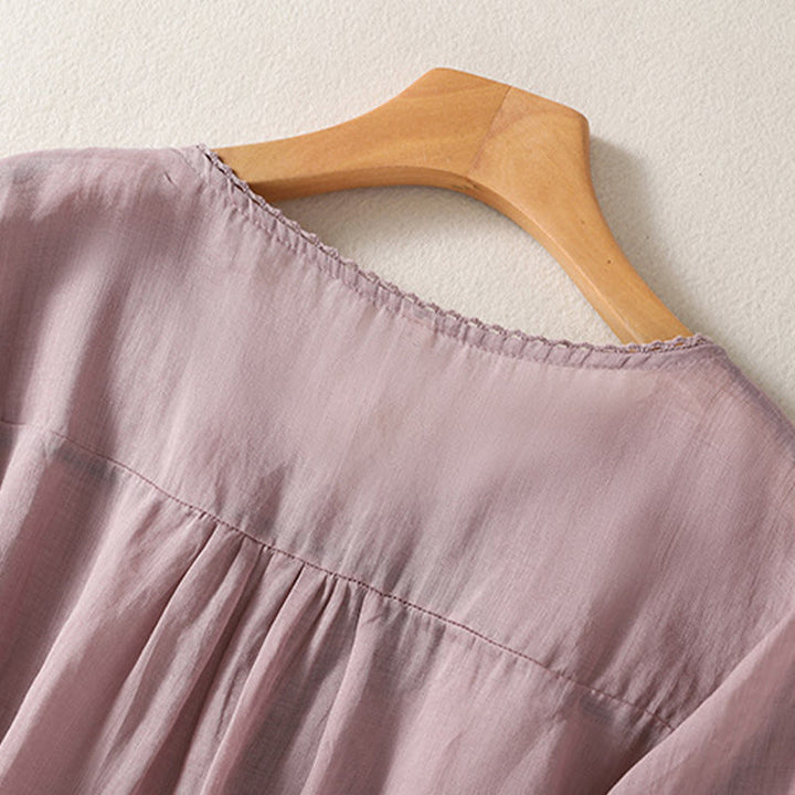 T-shirt décontracté à manches courtes et col en V pour femme, motif brodé Buddha Stones , en coton et lin - image 4