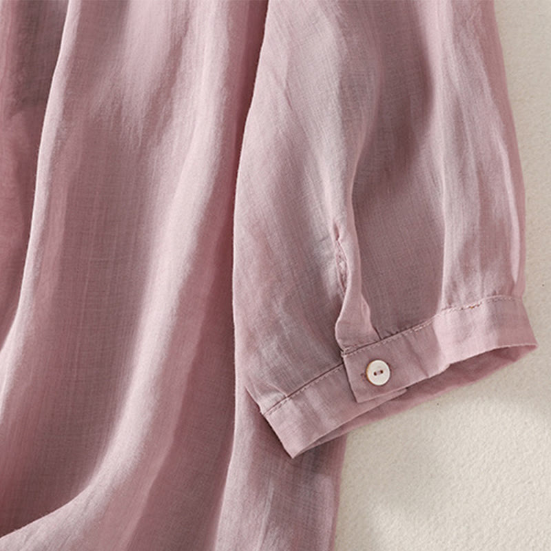 T-shirt décontracté à manches courtes et col en V pour femme, motif brodé Buddha Stones , en coton et lin - image 3