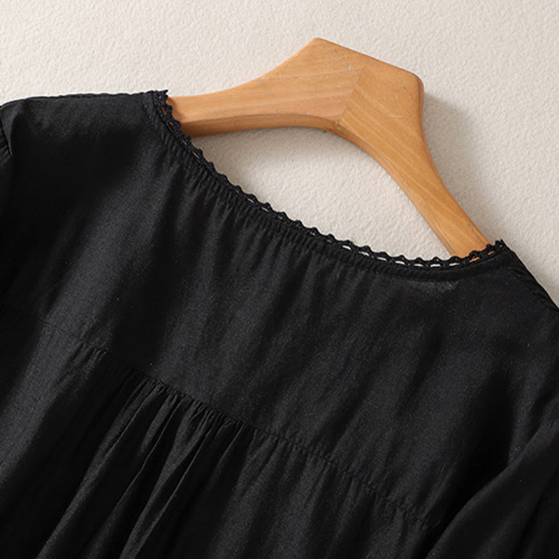 T-shirt décontracté à manches courtes et col en V pour femme, motif brodé Buddha Stones , en coton et lin - image 7