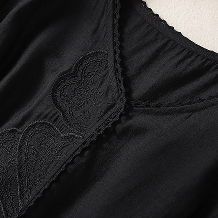 T-shirt décontracté à manches courtes et col en V pour femme, motif brodé Buddha Stones , en coton et lin - image 12