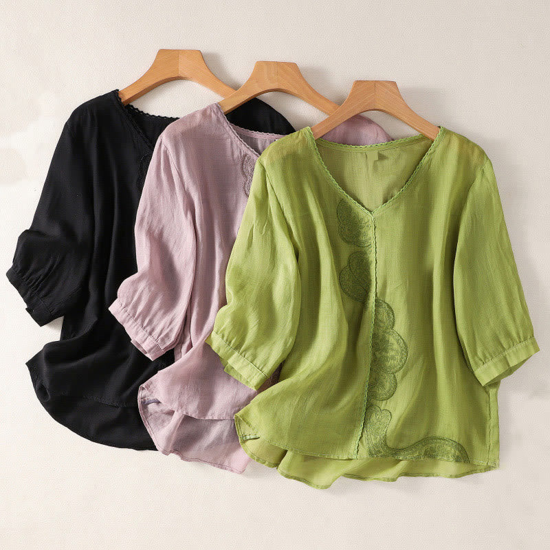 T-shirt décontracté à manches courtes et col en V pour femme, motif brodé Buddha Stones , en coton et lin - image 23