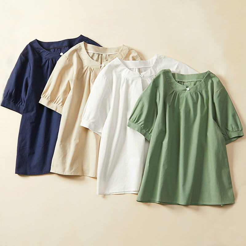 T-shirt décontracté à manches courtes en coton et lin pour femme avec Buddha Stones - image 14