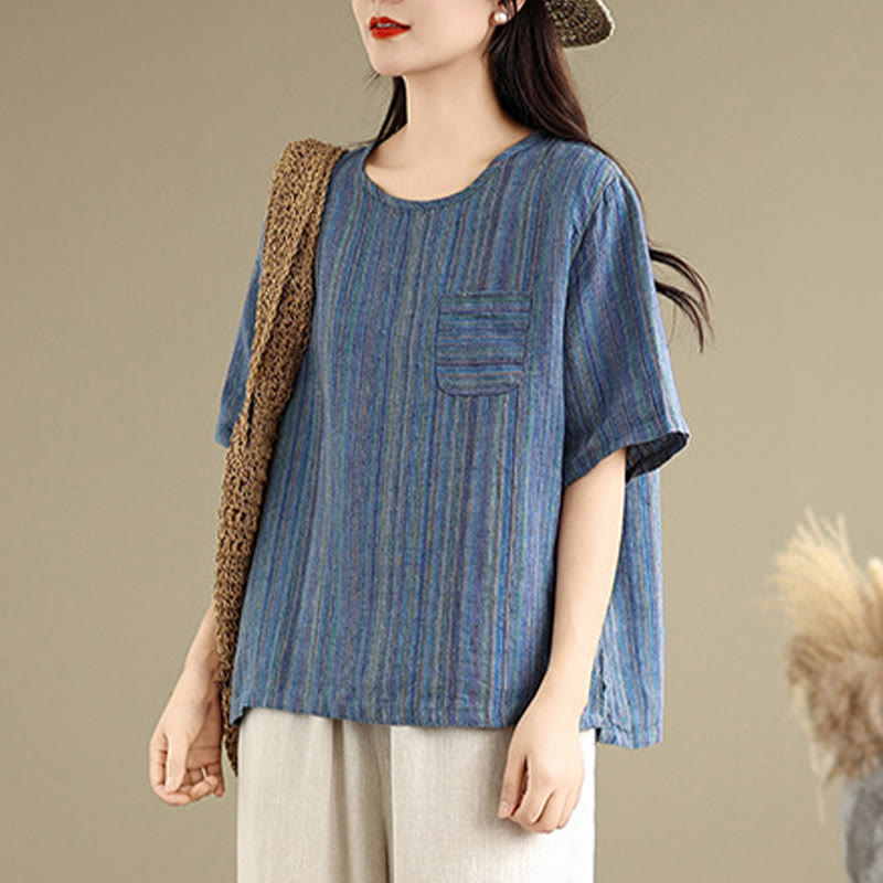 T-shirt décontracté à manches mi-longues en coton et lin à rayures rétro pour femme Buddha Stones - image 5