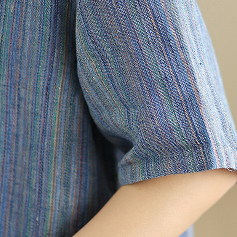 T-shirt décontracté à manches mi-longues en coton et lin à rayures rétro pour femme Buddha Stones - image 7