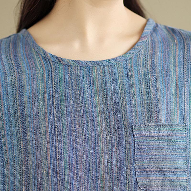 T-shirt décontracté à manches mi-longues en coton et lin à rayures rétro pour femme Buddha Stones - image 4