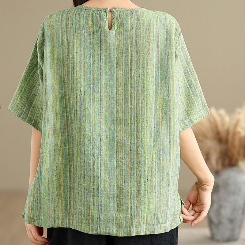 T-shirt décontracté à manches mi-longues en coton et lin à rayures rétro pour femme Buddha Stones - image 21