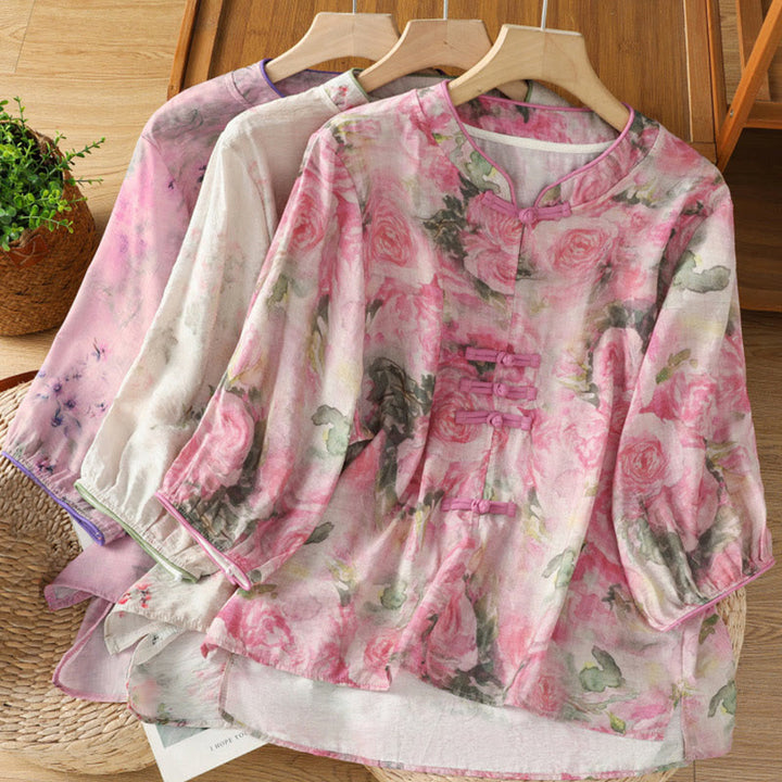 Chemise à manches trois-quarts en coton pour femme, imprimé floral, motif grenouille chinoise, Buddha Stones - image 21