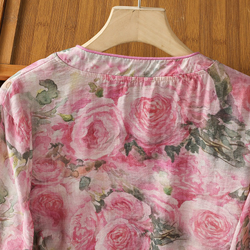 Chemise à manches trois-quarts en coton pour femme, imprimé floral, motif grenouille chinoise, Buddha Stones - image 9