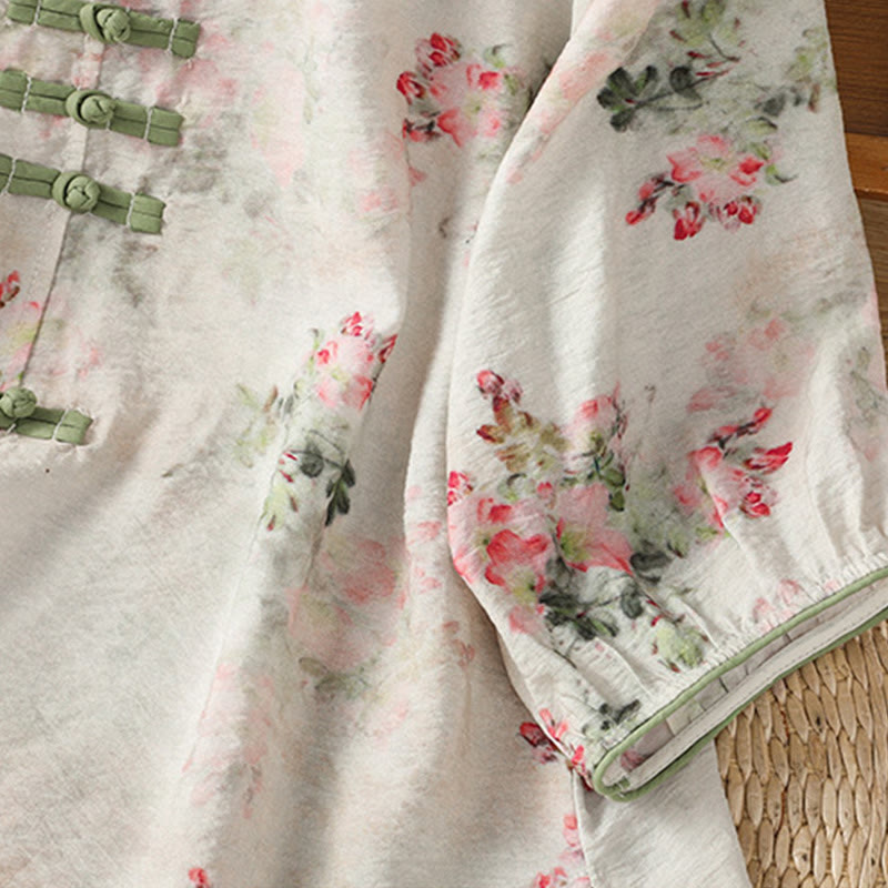 Chemise à manches trois-quarts en coton pour femme, imprimé floral, motif grenouille chinoise, Buddha Stones - image 4