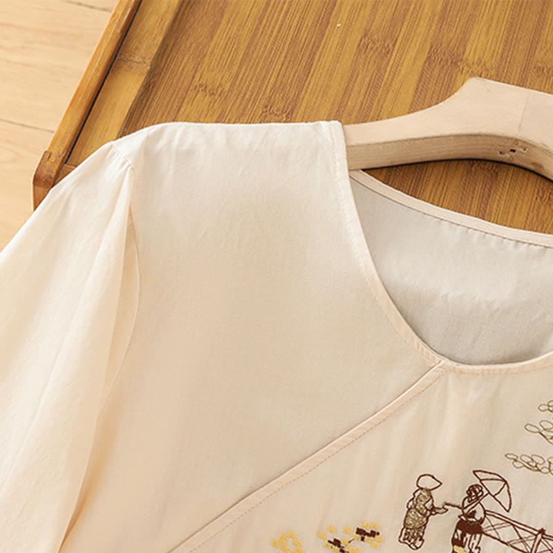 T-shirt à lacets et manches trois-quarts en coton et lin pour femme, broderie rétro Buddha Stones - image 3