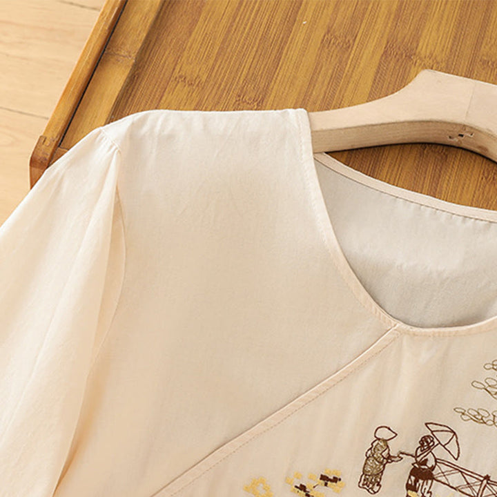 T-shirt à lacets et manches trois-quarts en coton et lin pour femme, broderie rétro Buddha Stones - image 3