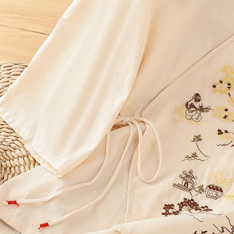 T-shirt à lacets et manches trois-quarts en coton et lin pour femme, broderie rétro Buddha Stones - image 6