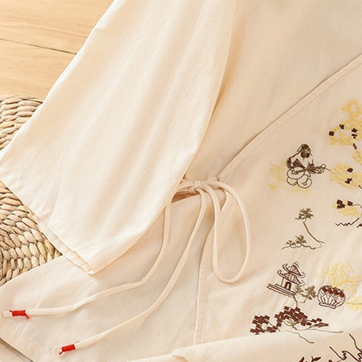 T-shirt à lacets et manches trois-quarts en coton et lin pour femme, broderie rétro Buddha Stones - image 6