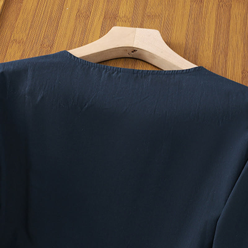 T-shirt à lacets et manches trois-quarts en coton et lin pour femme, broderie rétro Buddha Stones - image 18