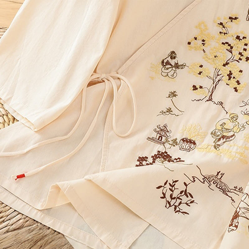 T-shirt à lacets et manches trois-quarts en coton et lin pour femme, broderie rétro Buddha Stones - image 5