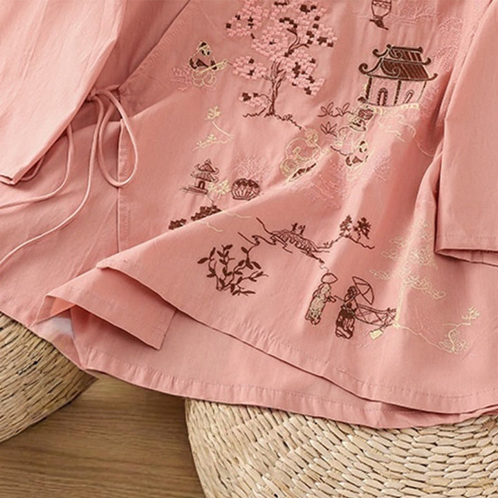 T-shirt à lacets et manches trois-quarts en coton et lin pour femme, broderie rétro Buddha Stones - image 13