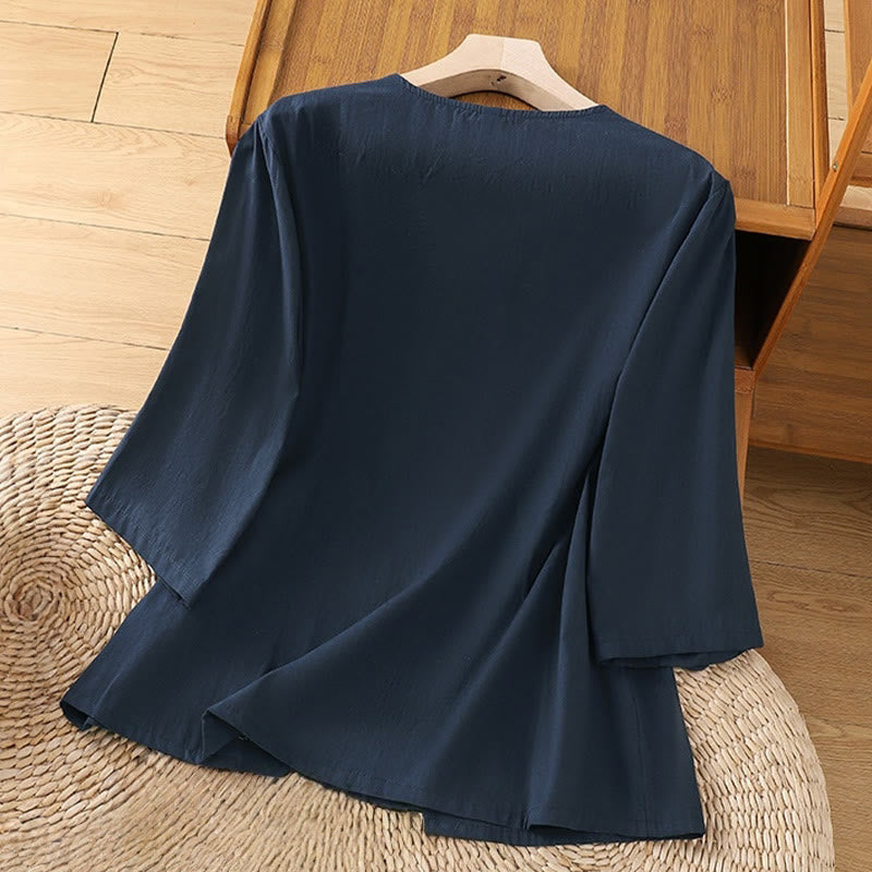 T-shirt à lacets et manches trois-quarts en coton et lin pour femme, broderie rétro Buddha Stones - image 15