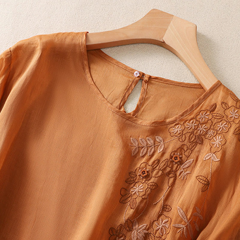 T-shirt à manches mi-longues en coton et lin pour femme, broderie de Buddha Stones , ourlet fleuri fendu - image 12