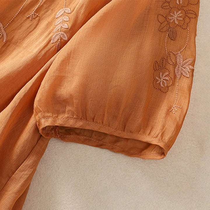 T-shirt à manches mi-longues en coton et lin pour femme, broderie de Buddha Stones , ourlet fleuri fendu - image 15