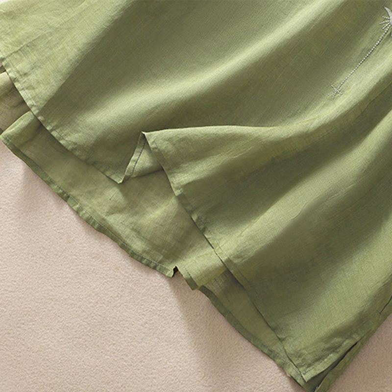 T-shirt à manches mi-longues en coton et lin pour femme, broderie de Buddha Stones , ourlet fleuri fendu - image 9