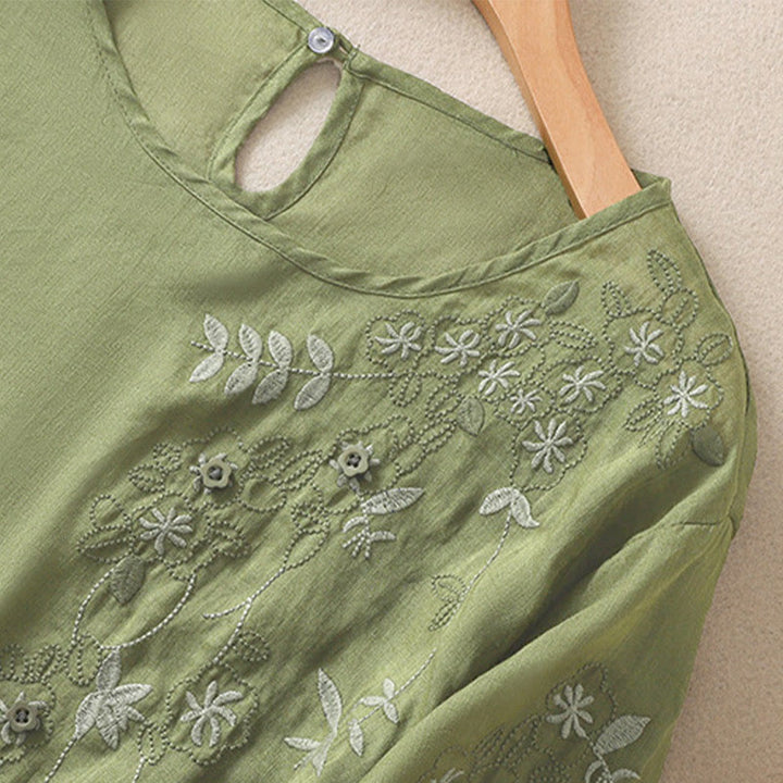 T-shirt à manches mi-longues en coton et lin pour femme, broderie de Buddha Stones , ourlet fleuri fendu - image 5