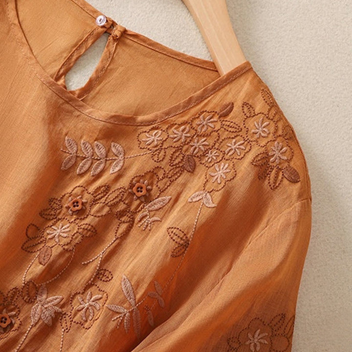 T-shirt à manches mi-longues en coton et lin pour femme, broderie de Buddha Stones , ourlet fleuri fendu - image 14