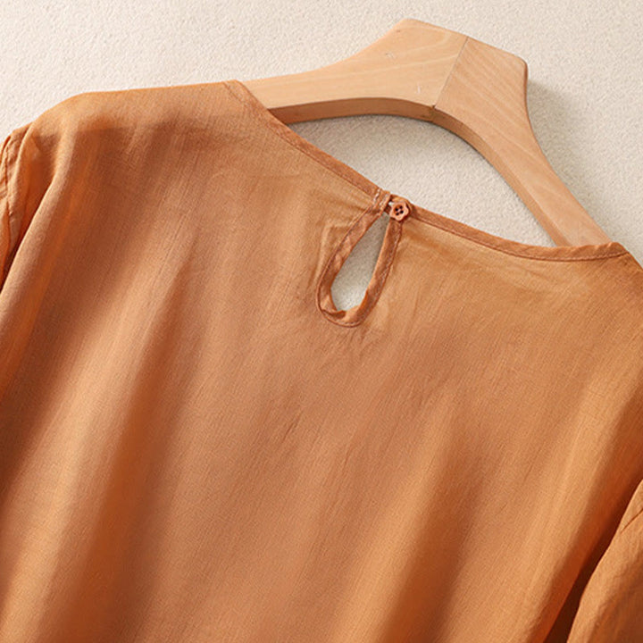 T-shirt à manches mi-longues en coton et lin pour femme, broderie de Buddha Stones , ourlet fleuri fendu - image 13