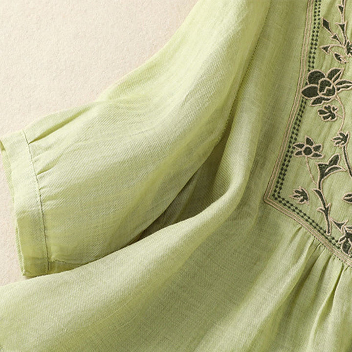 Chemise à manches trois-quarts en coton et lin pour femme, simple boutonnage, broderie de Buddha Stones - image 8