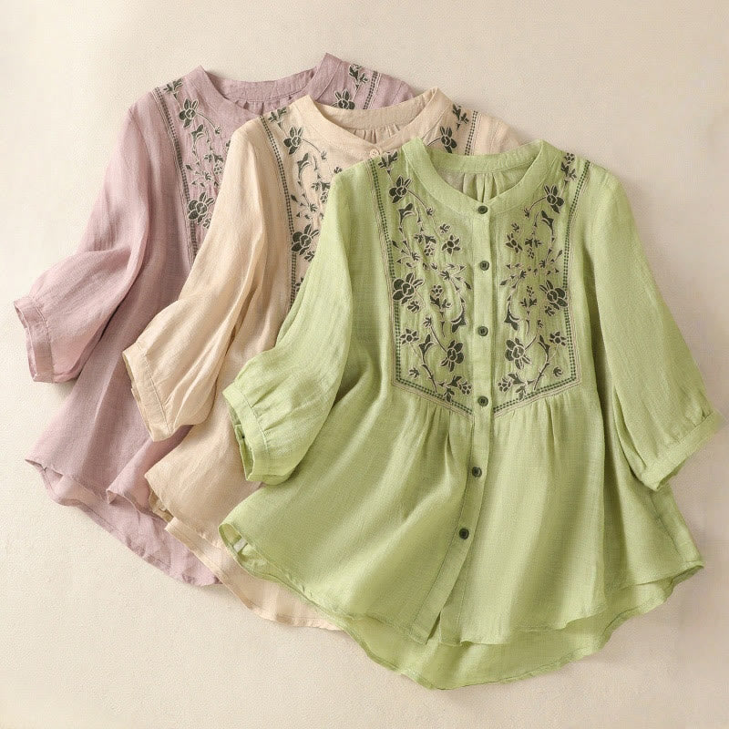 Chemise à manches trois-quarts en coton et lin pour femme, simple boutonnage, broderie de Buddha Stones - image 25