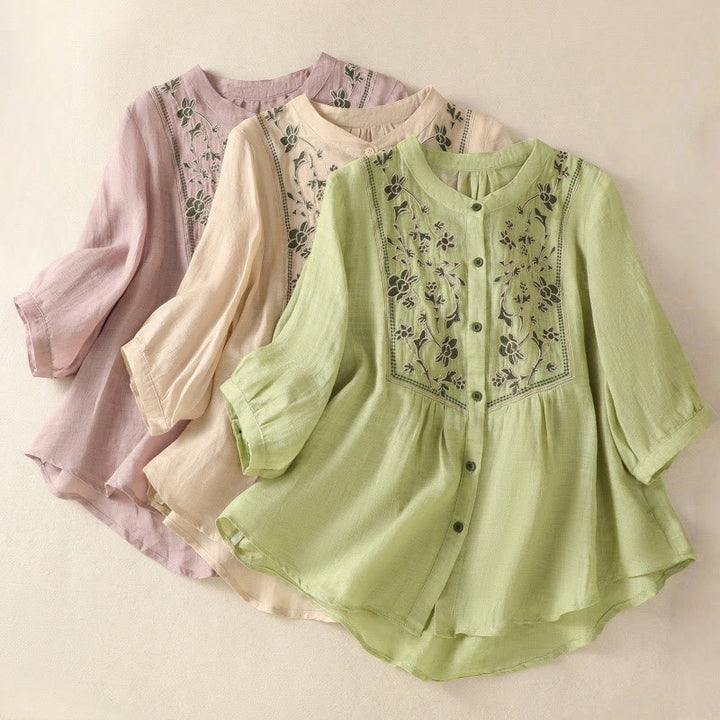 Chemise à manches trois-quarts en coton et lin pour femme, simple boutonnage, broderie de Buddha Stones - image 25