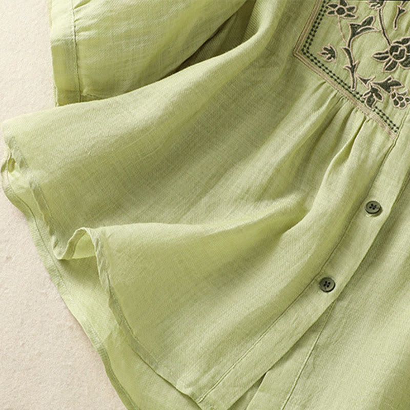 Chemise à manches trois-quarts en coton et lin pour femme, simple boutonnage, broderie de Buddha Stones - image 6