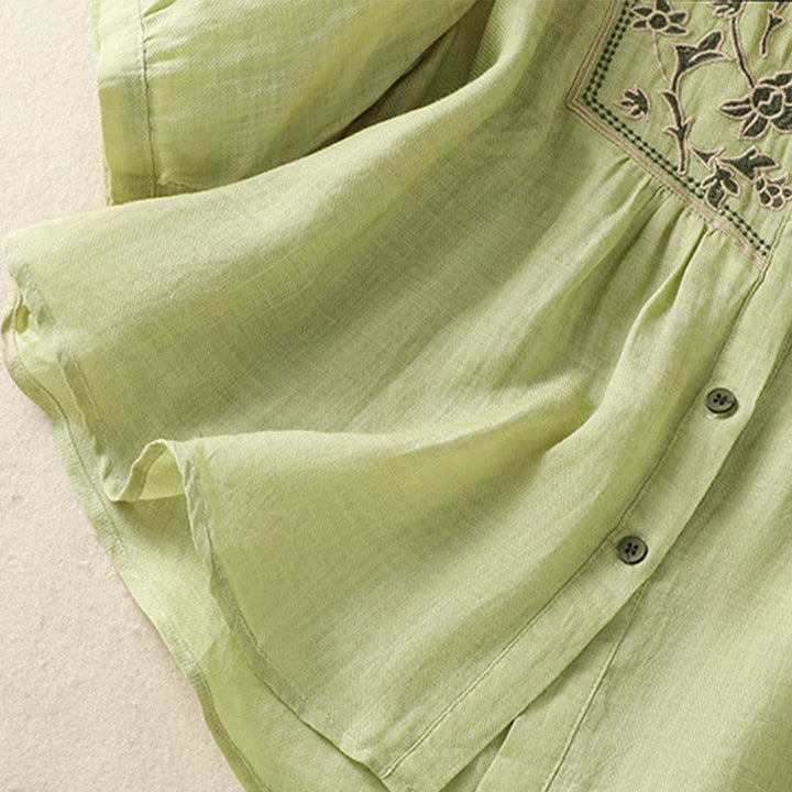 Chemise à manches trois-quarts en coton et lin pour femme, simple boutonnage, broderie de Buddha Stones - image 6