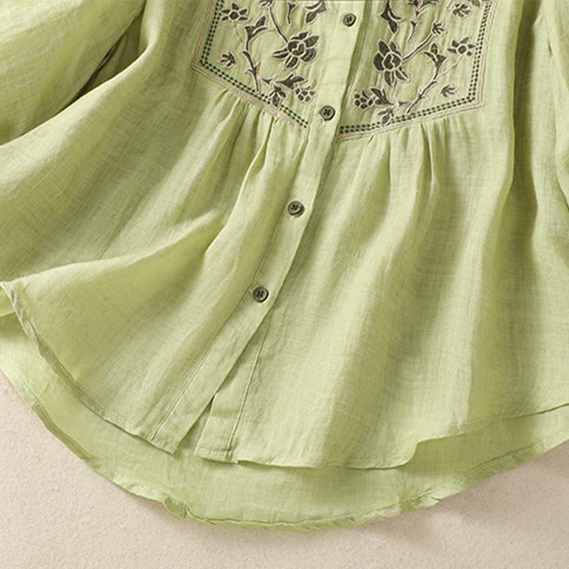 Chemise à manches trois-quarts en coton et lin pour femme, simple boutonnage, broderie de Buddha Stones - image 5