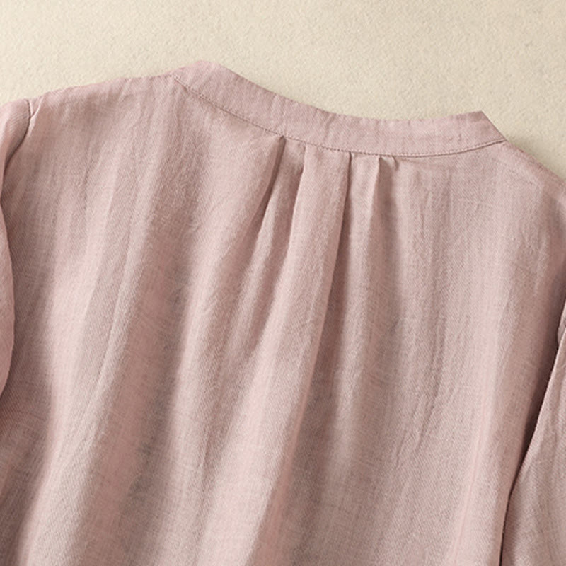 Chemise à manches trois-quarts en coton et lin pour femme, simple boutonnage, broderie de Buddha Stones - image 12