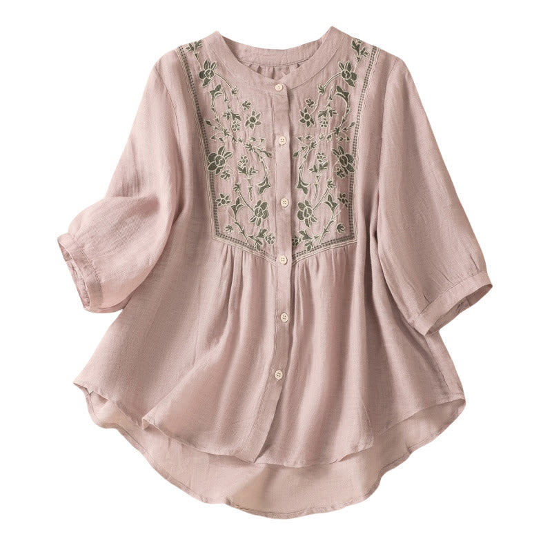 Chemise à manches trois-quarts en coton et lin pour femme, simple boutonnage, broderie de Buddha Stones - image 17