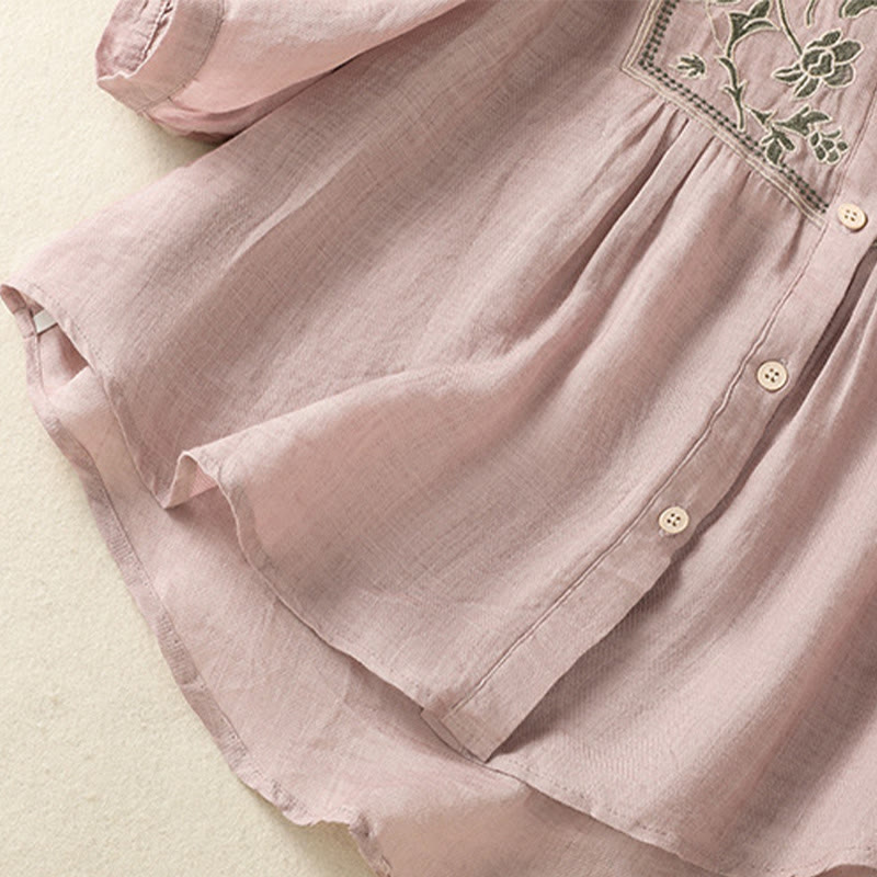 Chemise à manches trois-quarts en coton et lin pour femme, simple boutonnage, broderie de Buddha Stones - image 16