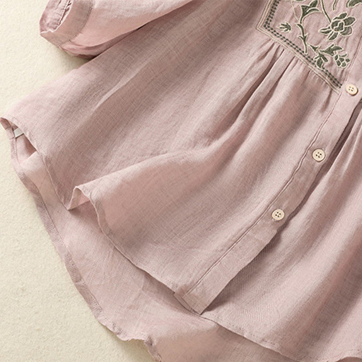 Chemise à manches trois-quarts en coton et lin pour femme, simple boutonnage, broderie de Buddha Stones - image 16