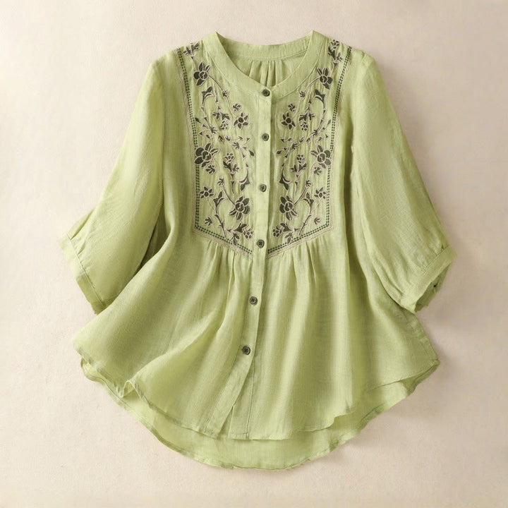 Chemise à manches trois-quarts en coton et lin pour femme, simple boutonnage, broderie de Buddha Stones - Vert clair - US12,UK/AU16,EU44 (2XL) - image 0