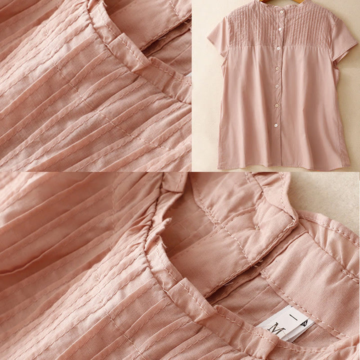 Chemise à manches courtes en coton pour femme, motif Buddha Stones , couleur pure, à volants et plissés - image 5