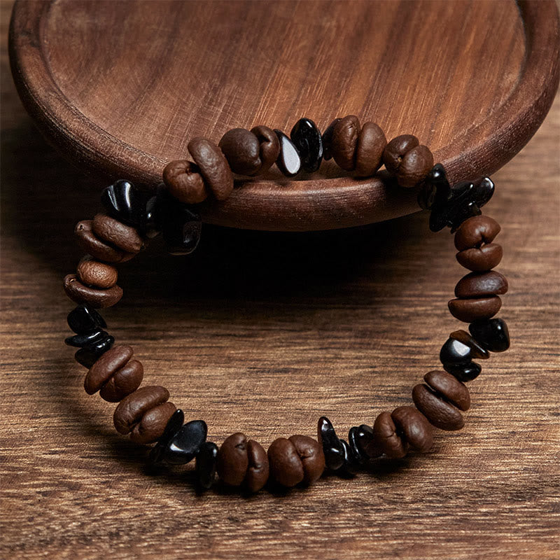Bracelet de force en obsidienne noire et quartz rutile avec grains de café naturels de Buddha Stones - image 2