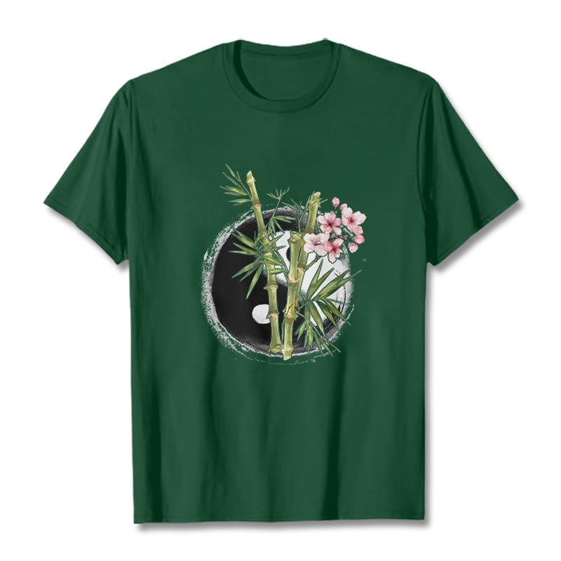 T-shirt à motif Buddha Stones, Yin et Yang, bambou et fleurs de pêcher - Forêt Verte - 2XL - image 11