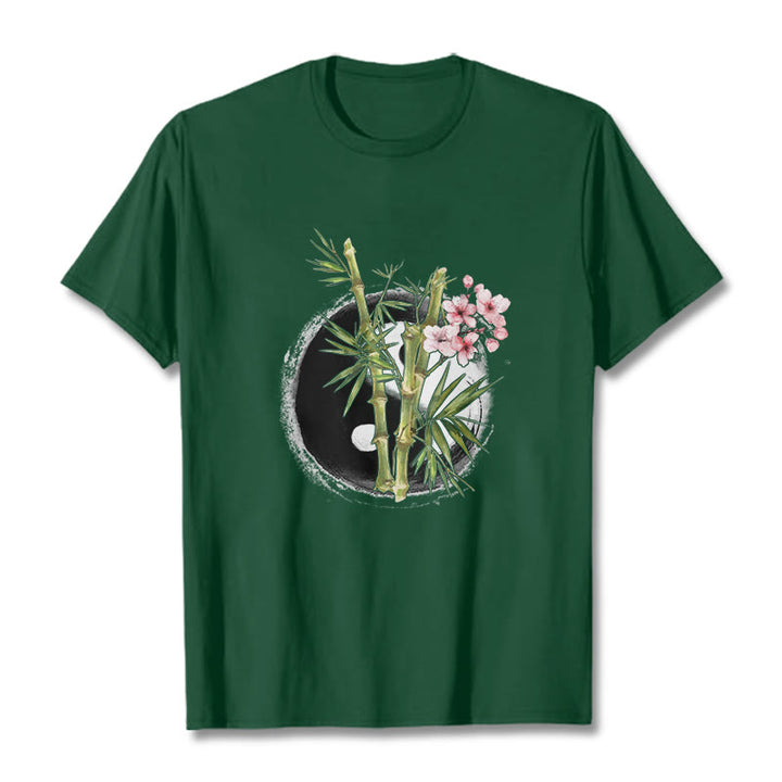 T-shirt à motif Buddha Stones, Yin et Yang, bambou et fleurs de pêcher - Forêt Verte - 2XL - image 11