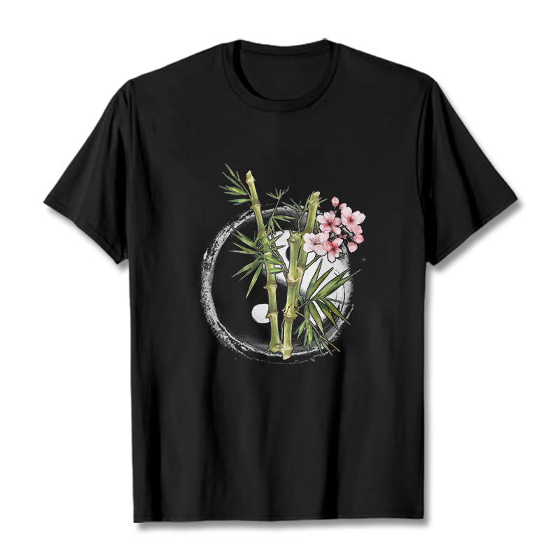 T-shirt à motif Buddha Stones, Yin et Yang, bambou et fleurs de pêcher - Noir - 2XL - image 1