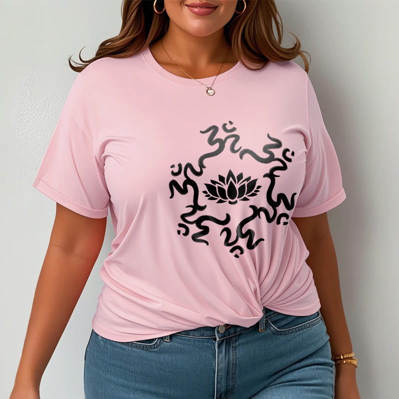 T-shirt à motif de fleurs de lotus avec symboles OM et Buddha Stones - image 15