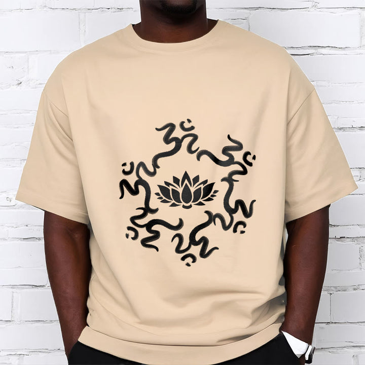 T-shirt à motif de fleurs de lotus avec symboles OM et Buddha Stones - image 11