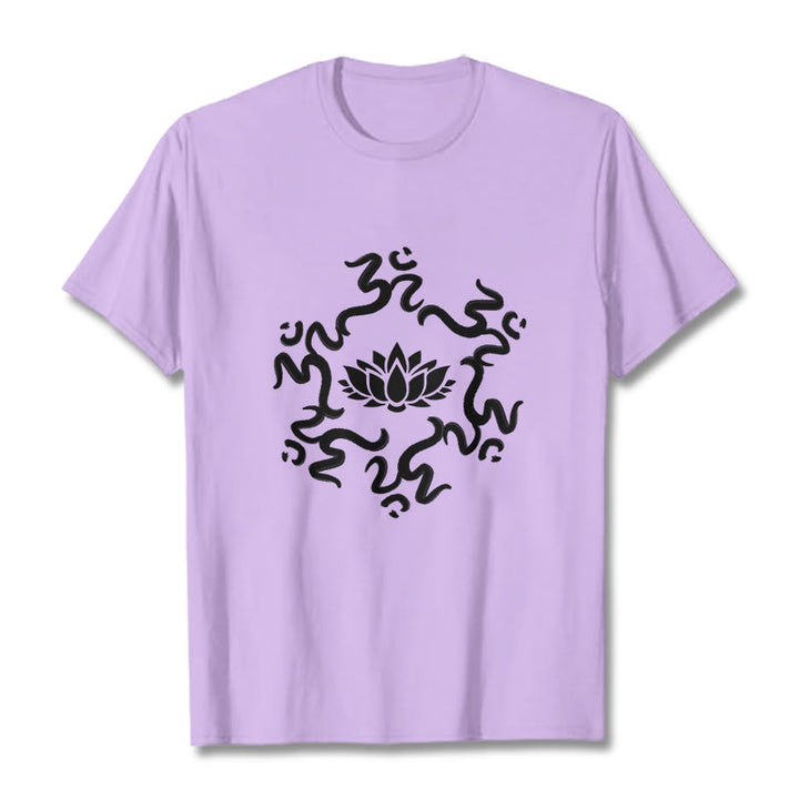 T-shirt à motif de fleurs de lotus avec symboles OM et Buddha Stones - Prune - 2XL - image 18