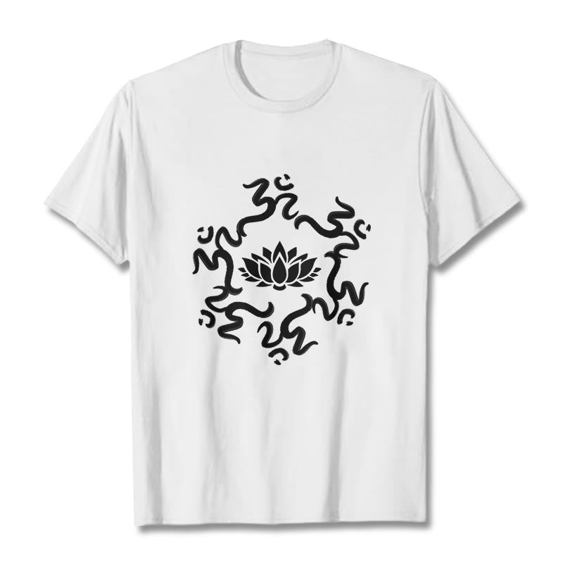 T-shirt à motif de fleurs de lotus avec symboles OM et Buddha Stones - Blanc - 2XL - image 7