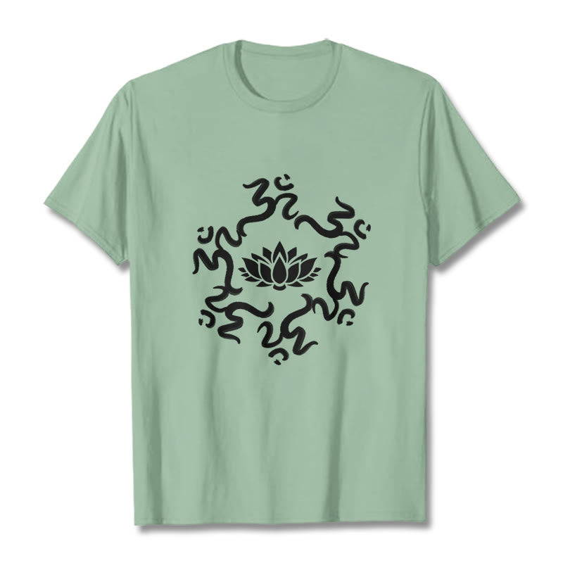 T-shirt à motif de fleurs de lotus avec symboles OM et Buddha Stones - Vert pâle - 2XL - image 16