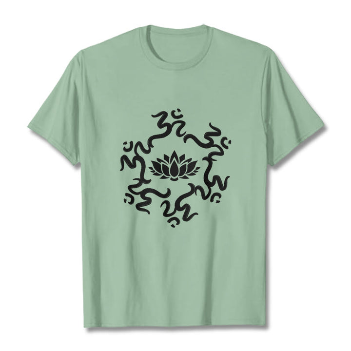 T-shirt à motif de fleurs de lotus avec symboles OM et Buddha Stones - Vert pâle - 2XL - image 16